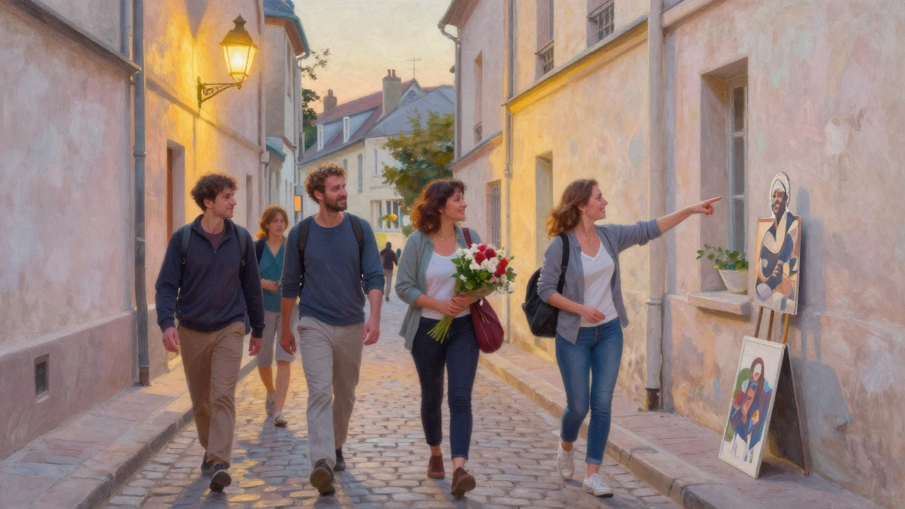 A group walks through Montmartre at sunset, enjoying art and conversation in golden hour light.