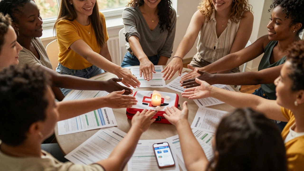Diverse sex workers reaching across a table with mutual aid supplies and a candle.
