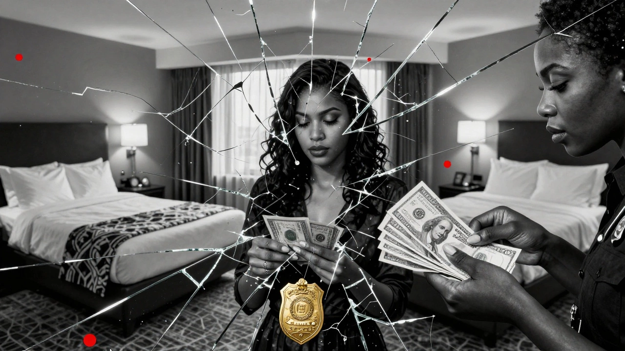 Shattered mirrors reflecting fragmented scenes of sex work and stigma.